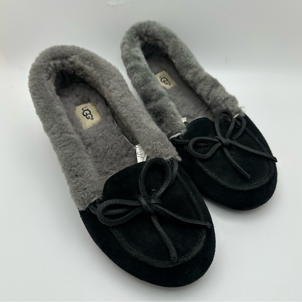 UGG Women Gray Black Shearling Lined Flat Slippers Solana Loafer 1020041 US 7